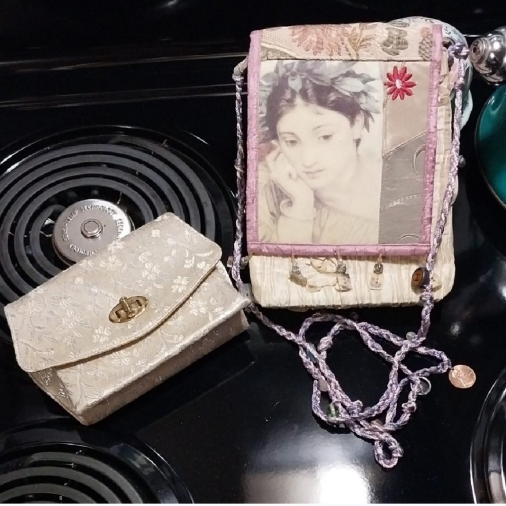 Cream and Purple Quilted Clutch with Gold Hardware